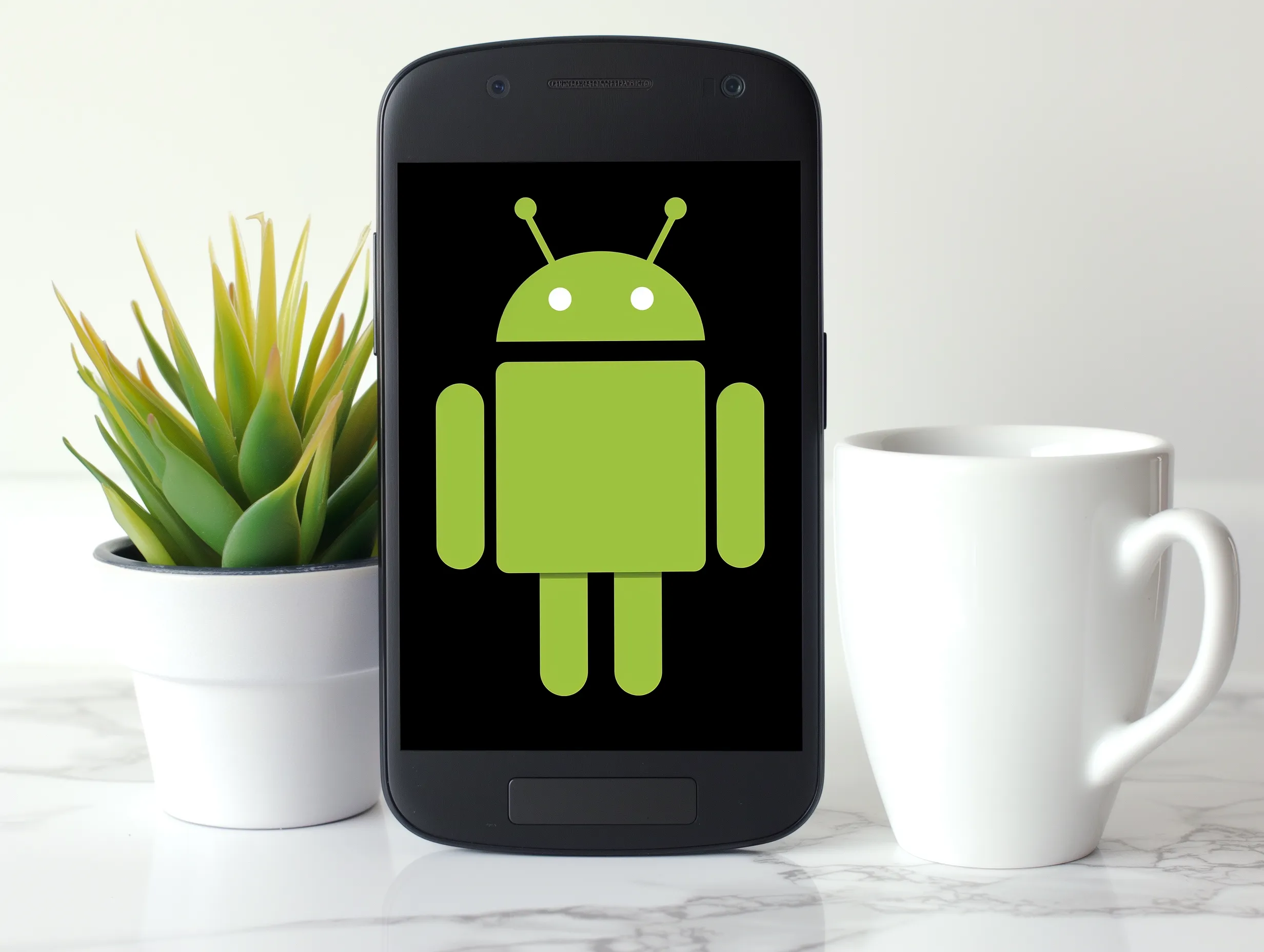 Android smartphone met Android logo op wit marmeren bureau