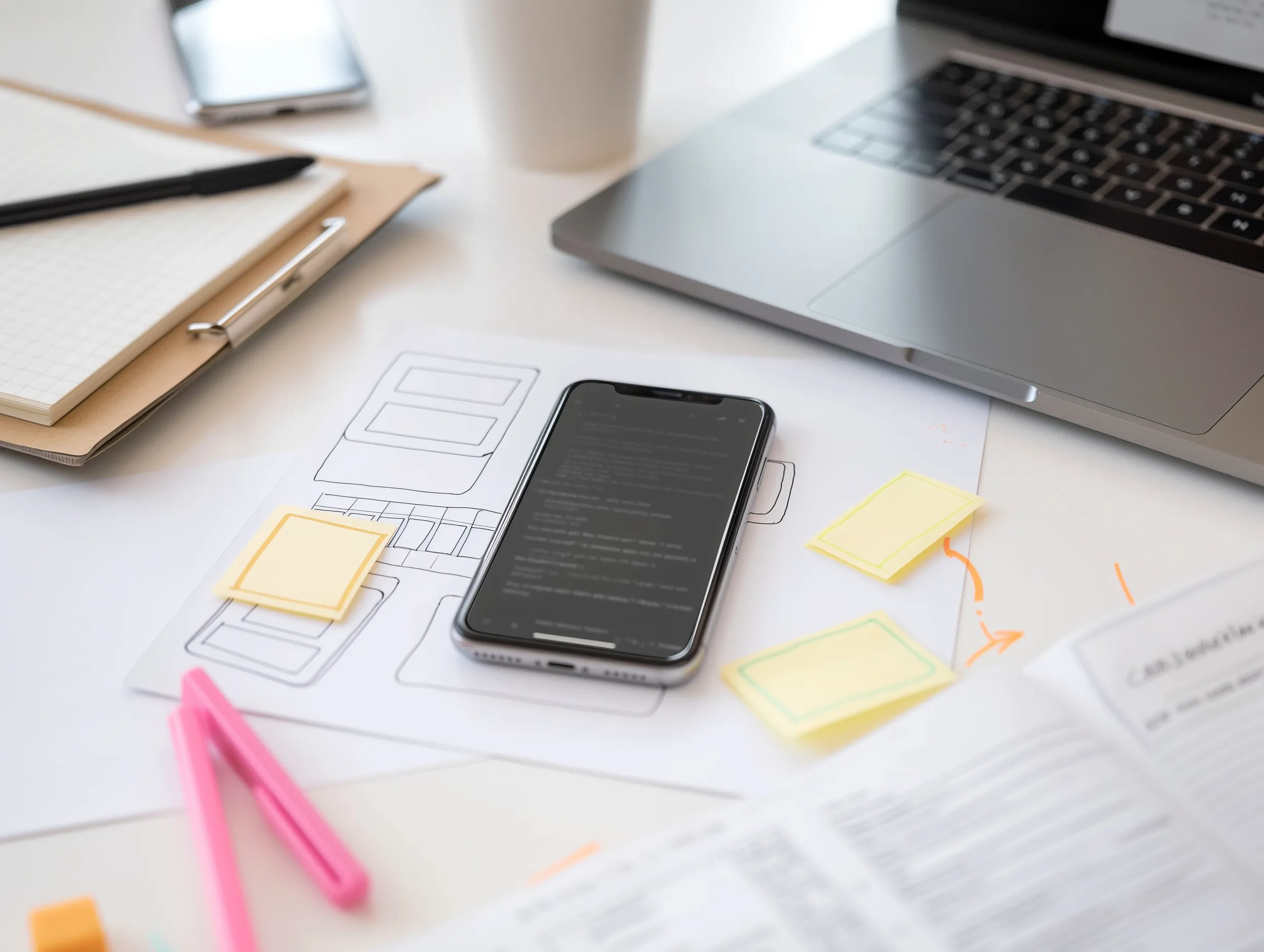 App development proces: wireframes, smartphone en laptop op bureau