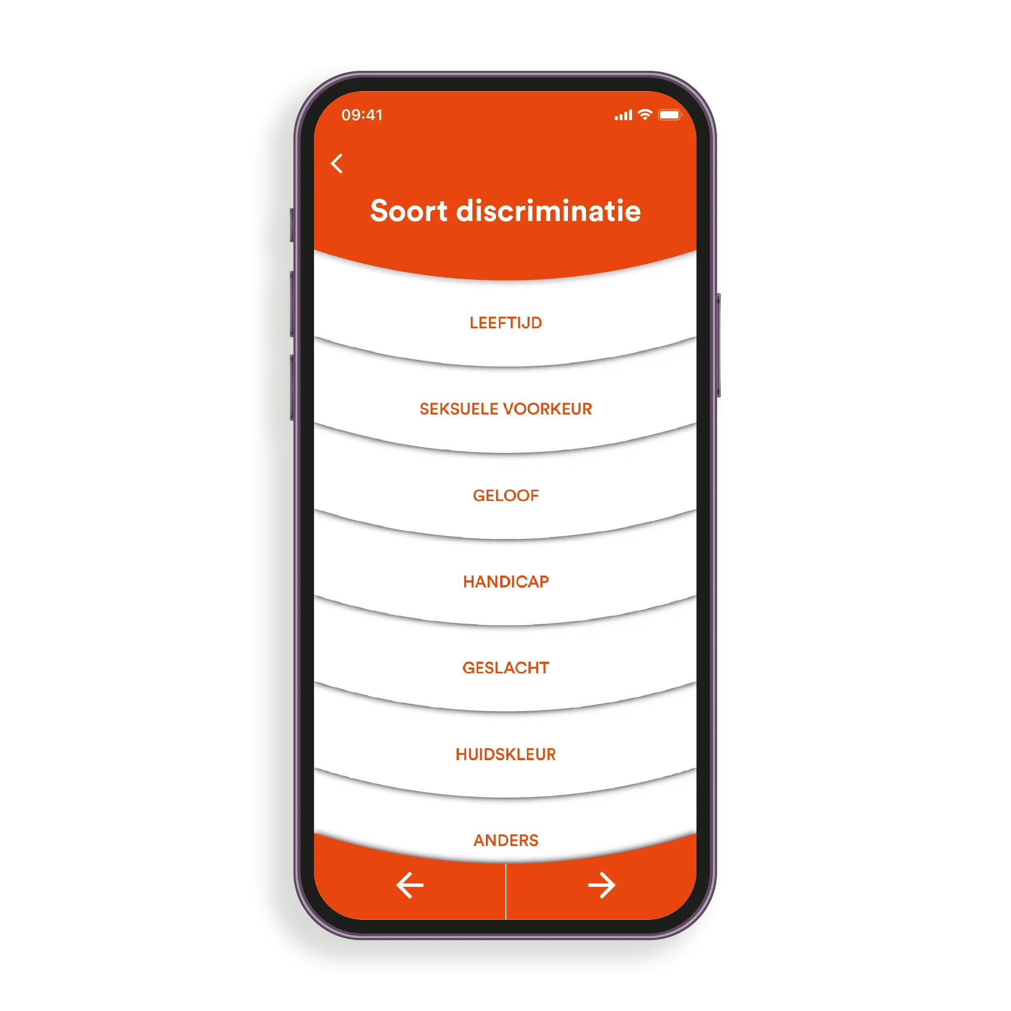 Discrimination Reporter app — select type of discrimination