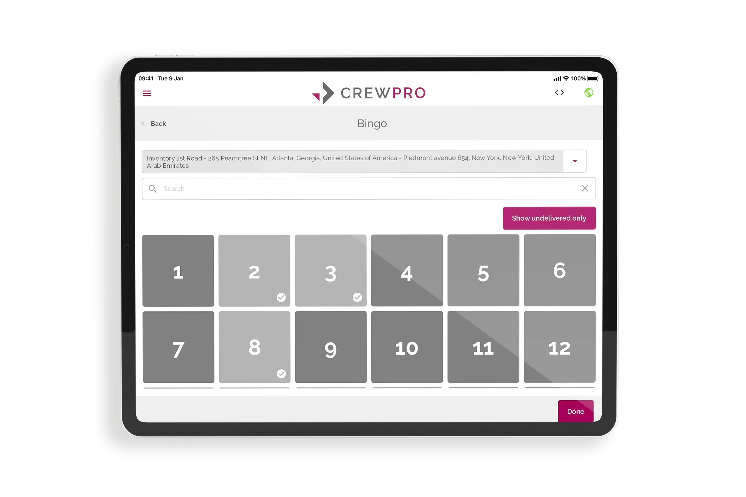 Move4U CrewPro app — Bingo Sheet for checking off items during unloading