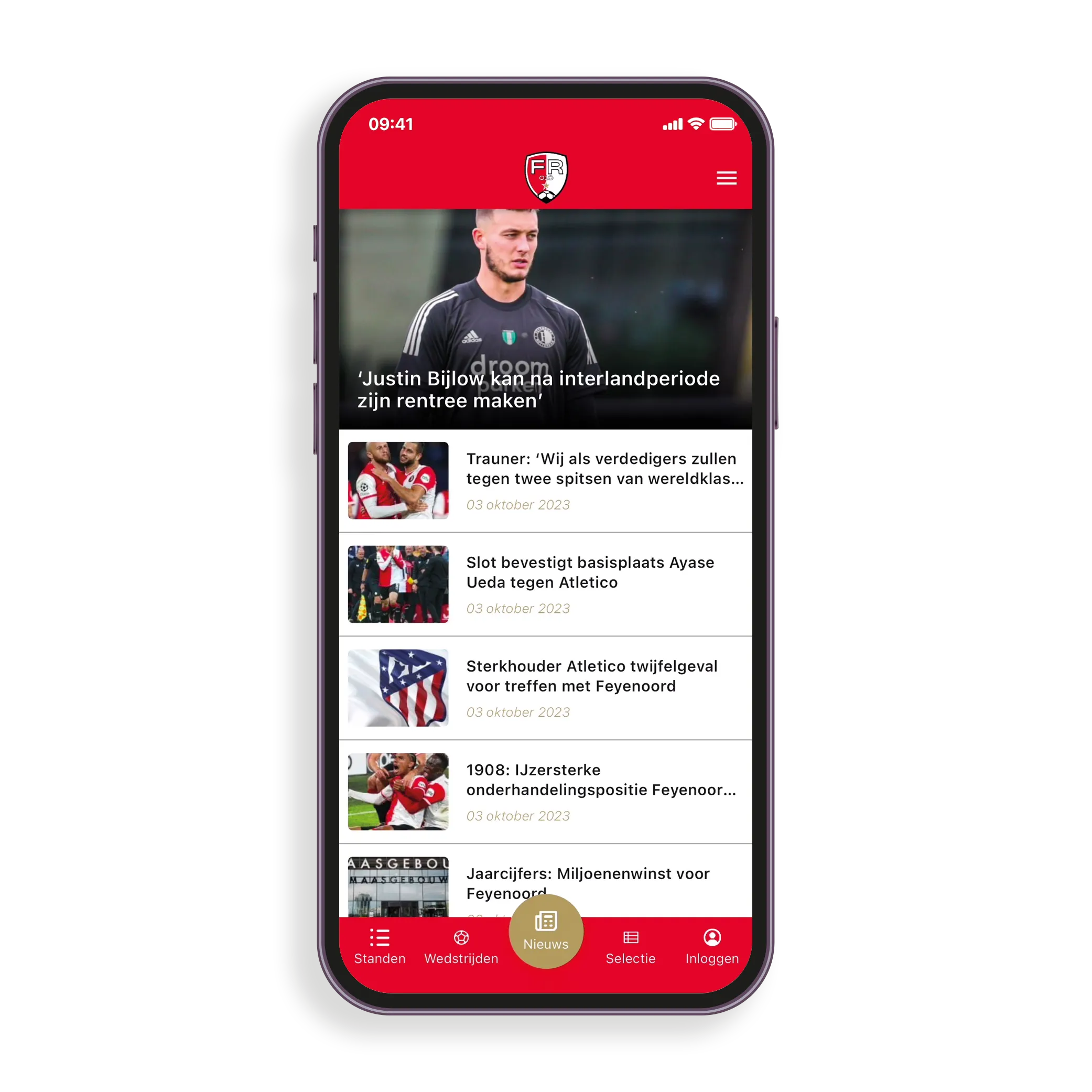 FR010 app — home met live wedstrijdinformatie