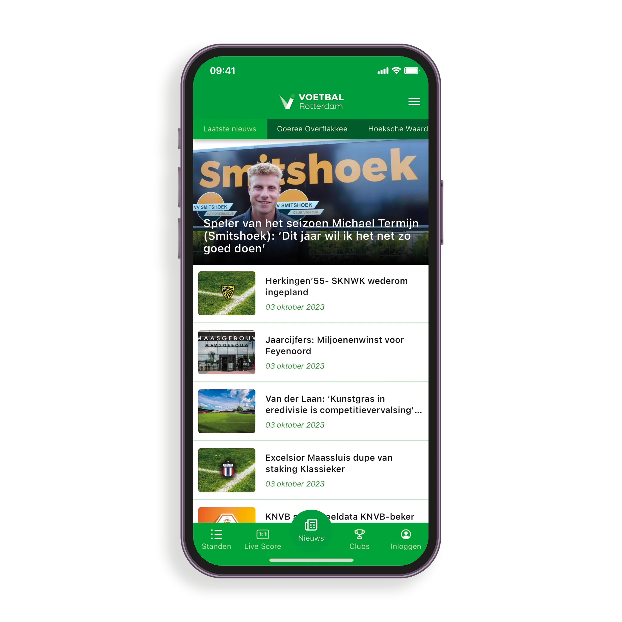 Voetbal Rotterdam app — home with club news and scores