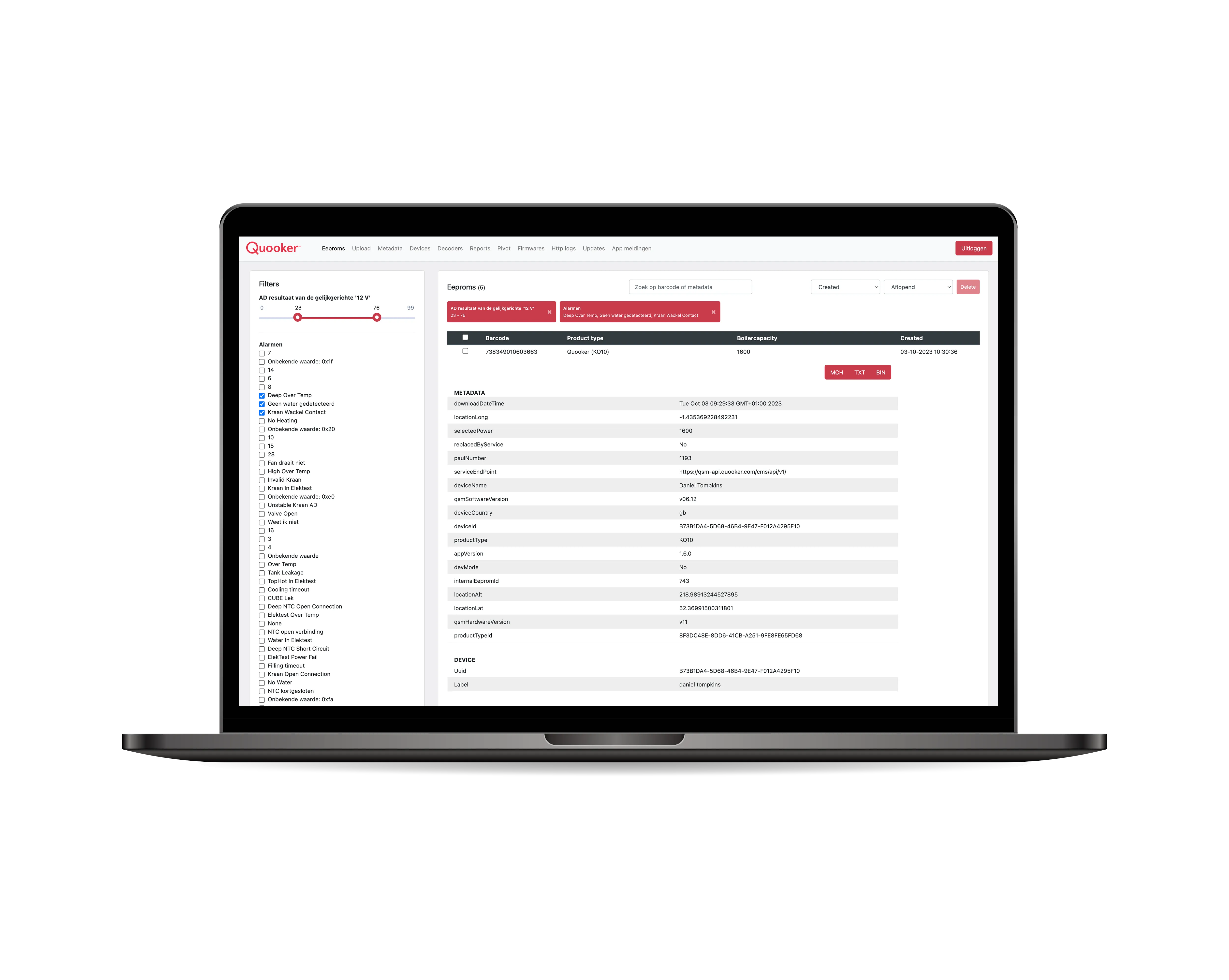 Quooker Kappendatabase — webapplicatie overzicht