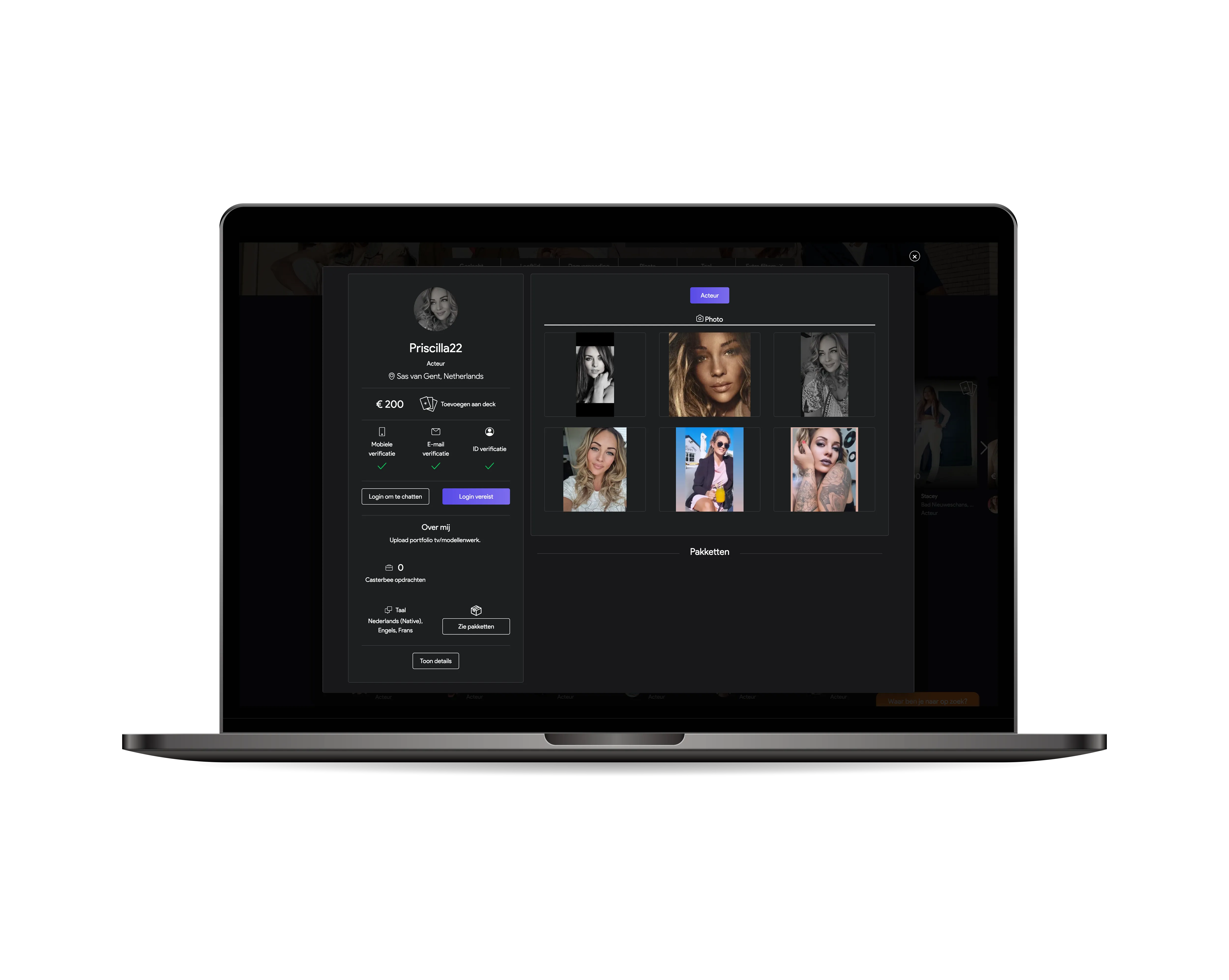Casterbee booking platform — talent profile with details and rates