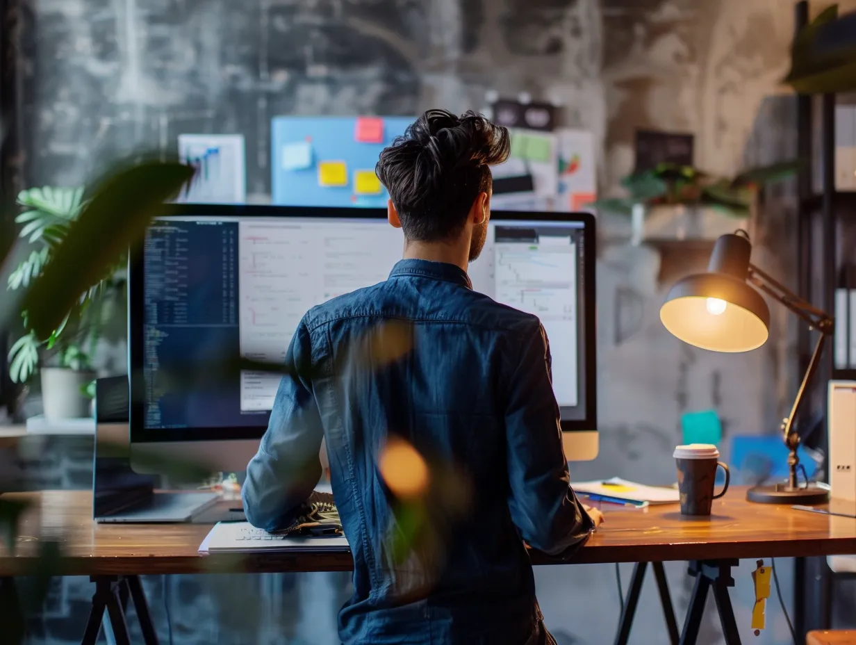 Developer aan het werk op een moderne werkplek met twee schermen